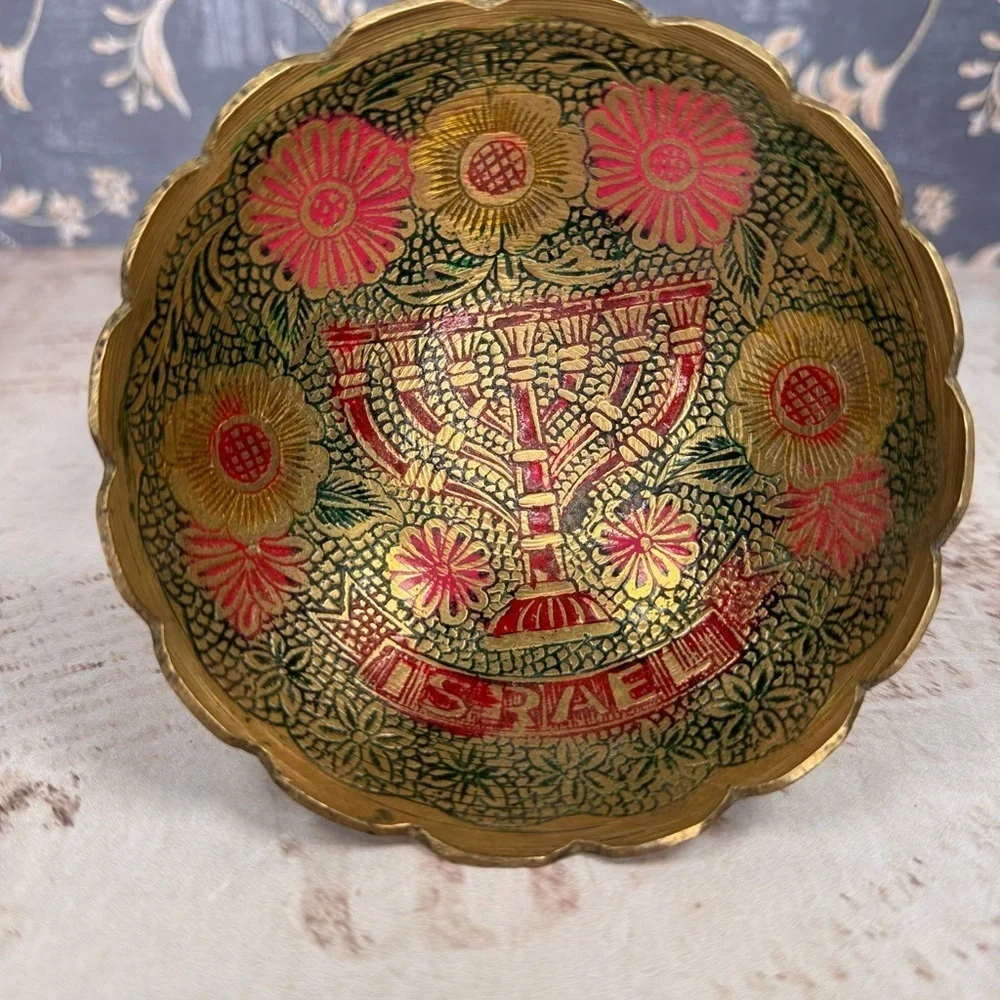 Handmade Israel Brass Menorah Bowl Judaica Holy Land Decor
